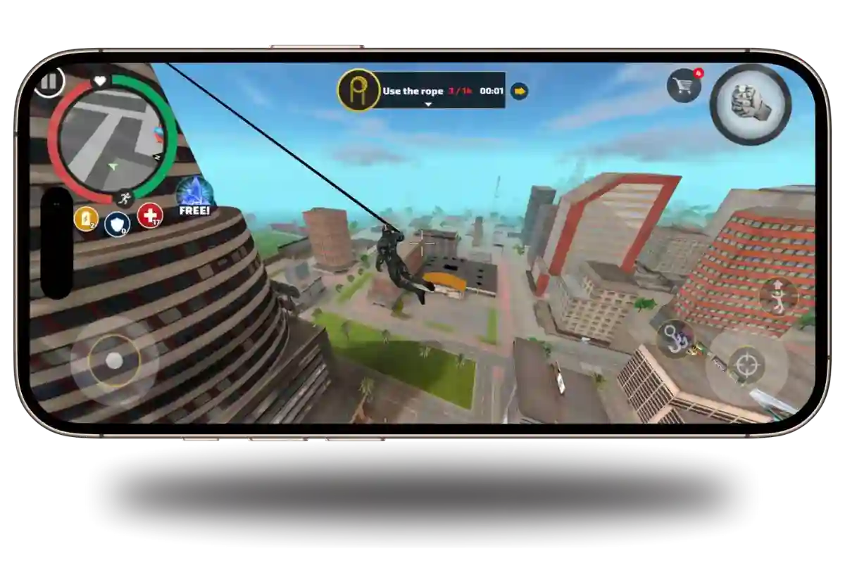 Rope Hero Mod Apk v6.9.0 (Unlimited Money & Gems) July 2025 4 Super Hero using his rope to move from one building to another
