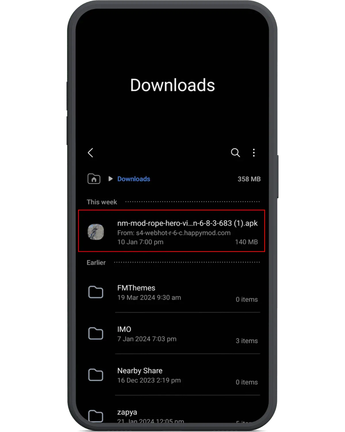 Checking the downloaded file of rope hero mod apk